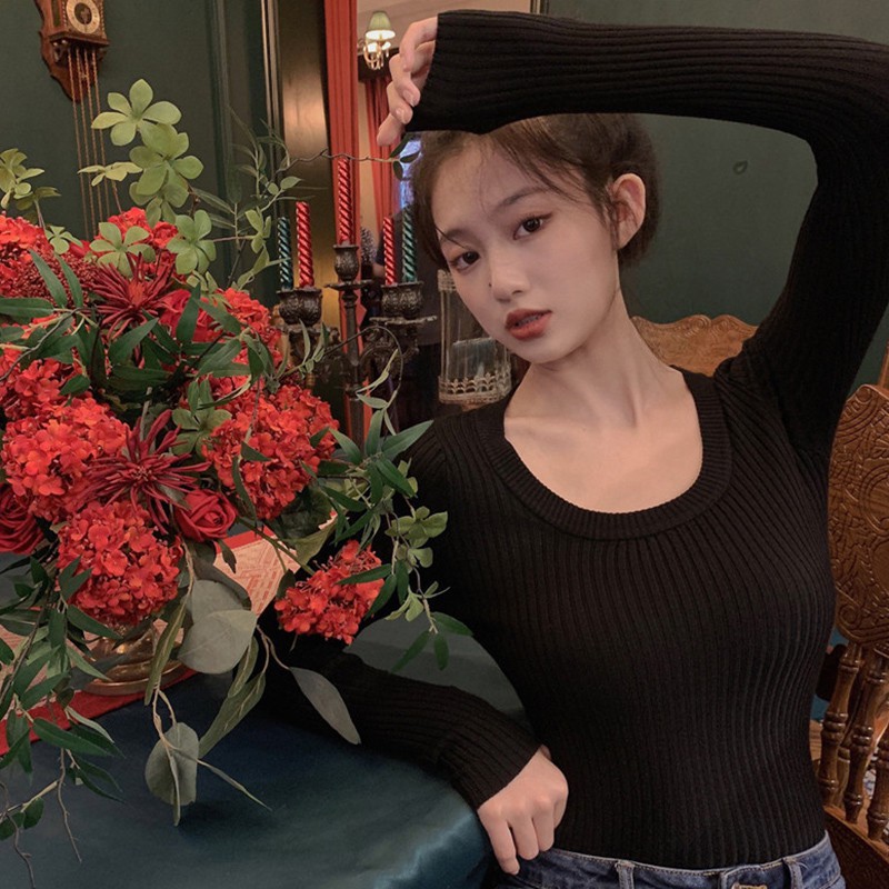 Women's U-Neck Solid Color Slim Casual Long Sleeve Knitted Tops