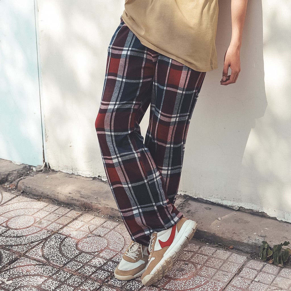 Quần Thun Baggy Ống Suông Rộng Lưng Thun Caro Chất Liệu Cotton Form Unisex Màu Đỏ