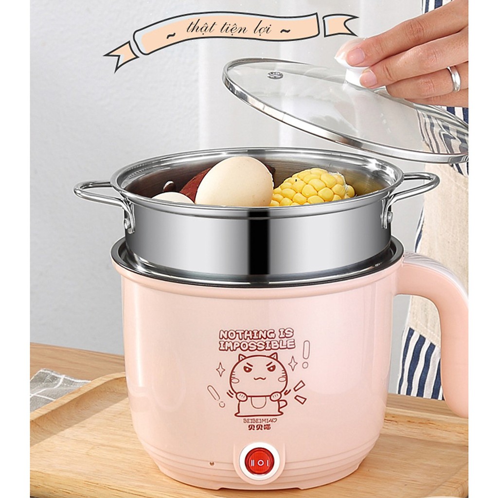 Ca Nấu Mì, Nấu Cơm Đa Năng Kèm Giá Hấp - Nồi Lẩu Điện Mini Cooking Pot 18CM GIÁ HẤP INOX