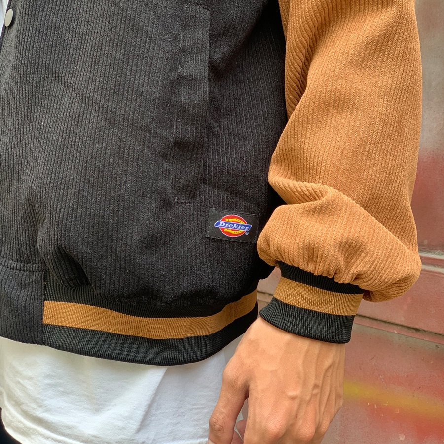 Áo Khoác Bomber Jacket Varsity Dickies Đen nâu - Form rộng oversize - Chất liệu nhung tăm cao cấp.