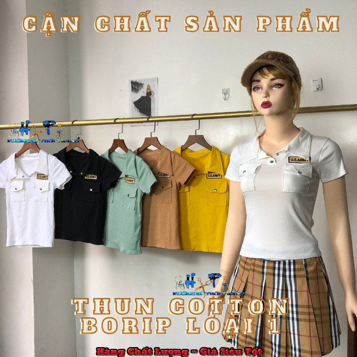 Áo thun croptop cổ bẻ phlối cúc bấm thêu logo mẫu mới thời trang 2020 | BigBuy360 - bigbuy360.vn