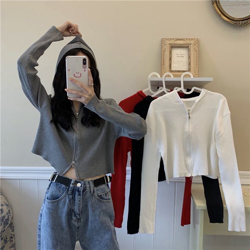 Áo len dài tay có mũ dạng hoodie hai khoá kéo độc đáo, áo khoác mỏng croptop xuân hè