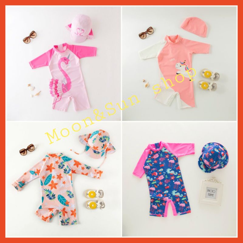 Bộ bơi liền thân bé gái cao cấp kèm mũ