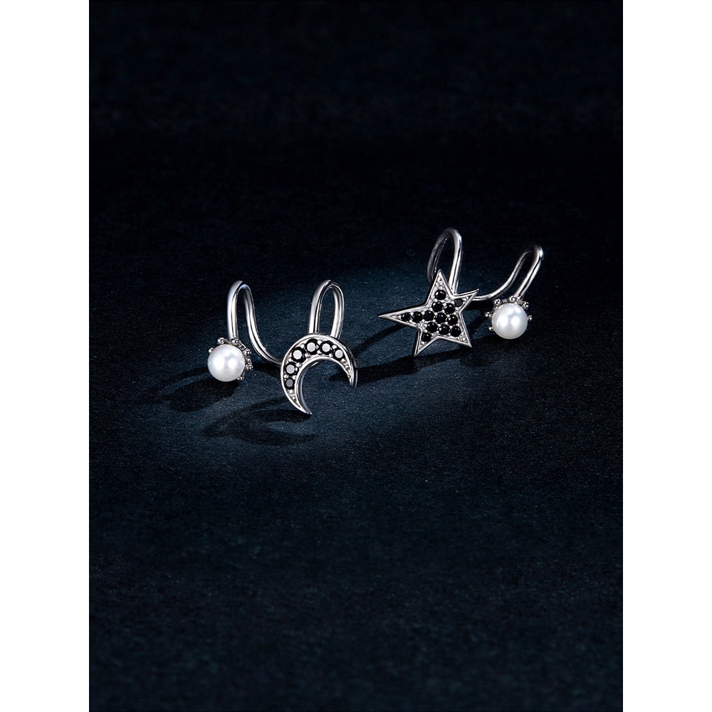 Khuyên Kẹp Tai Bamoer BSE387 Hình Ngôi Sao/Mặt Trang Đính Đá Màu Đen Thời Trang Nam Nữ Làm Bằng Bạc 925