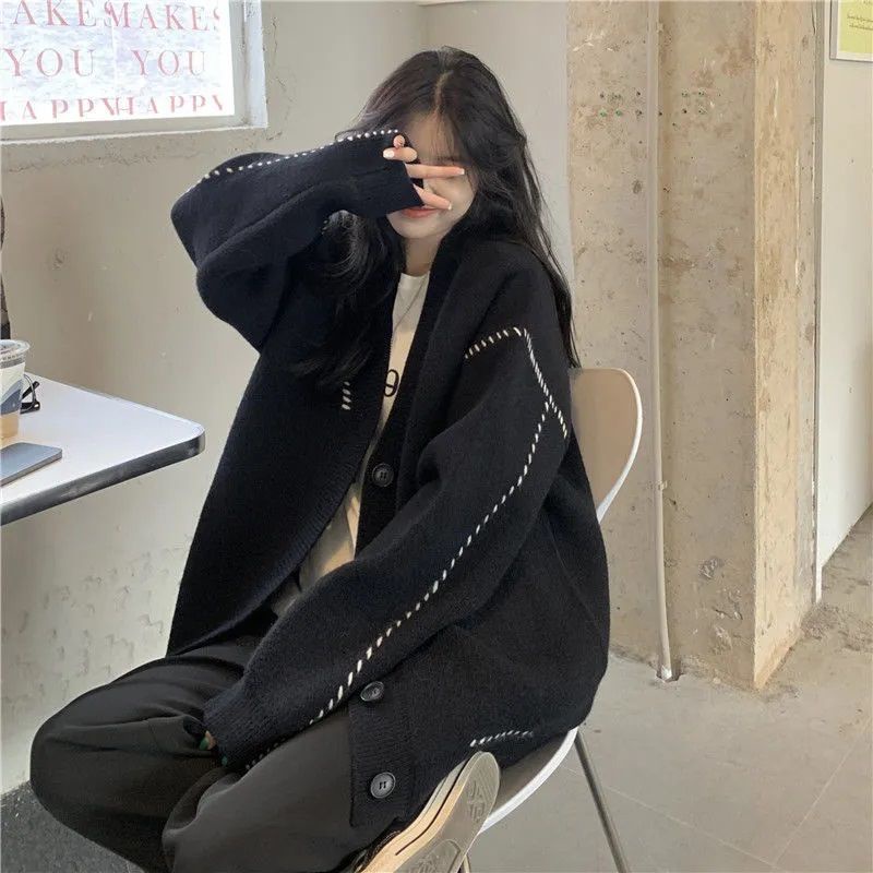 Áo Khoác Cardigan Dệt Kim Dáng Rộng Phong Cách Preppy Thời Trang Cho Nữ