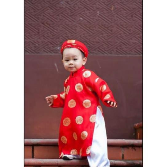 [Siêu đẹp] Áo dài bé trai gấm thái tuấn màu đỏ kèm khăn đóng