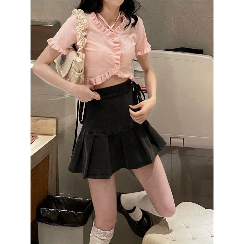 Chân váy jean Chữ A Xếp Ly Lưng Cao Phong Cách Retro 2022 Thời Trang Cho Nữ