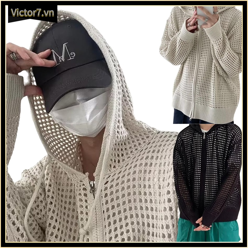 Áo Khoác Len Cardigan Dày Dặn Dáng Rộng Có Khóa Kéo Họa Tiết Khoét Lỗ Thời Trang Hàn Quốc Cổ Điển Mới Cho Nam Và Nữ