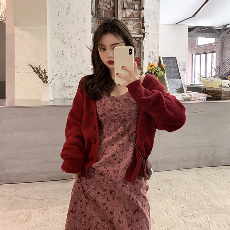 Váy xinh📌FREESHIP📌Set trang phục váy hoa nhí hồng đất kết hợp áo khoác cardigan len phong cách trẻ trung thu đông