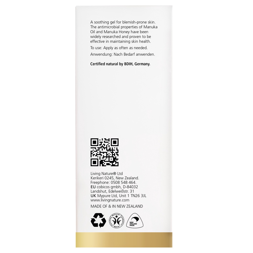 Gel giảm viêm, giảm mụn Living Nature Manuka Honey Gel 50ml