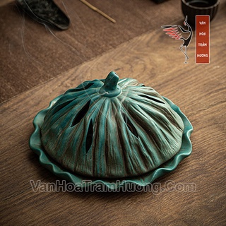 Lư xông trầm hương, lư đốt trầm hương lá sen độc đáo chất liệu gốm sứ men ngọc sang trọng