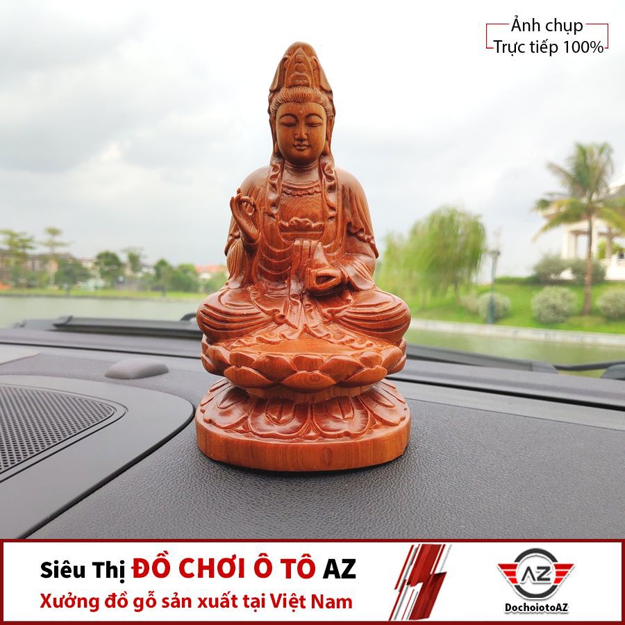 Tượng quan âm gỗ Xá Xị - Tặng miếng dán đa năng chống trượt trên ô tô
