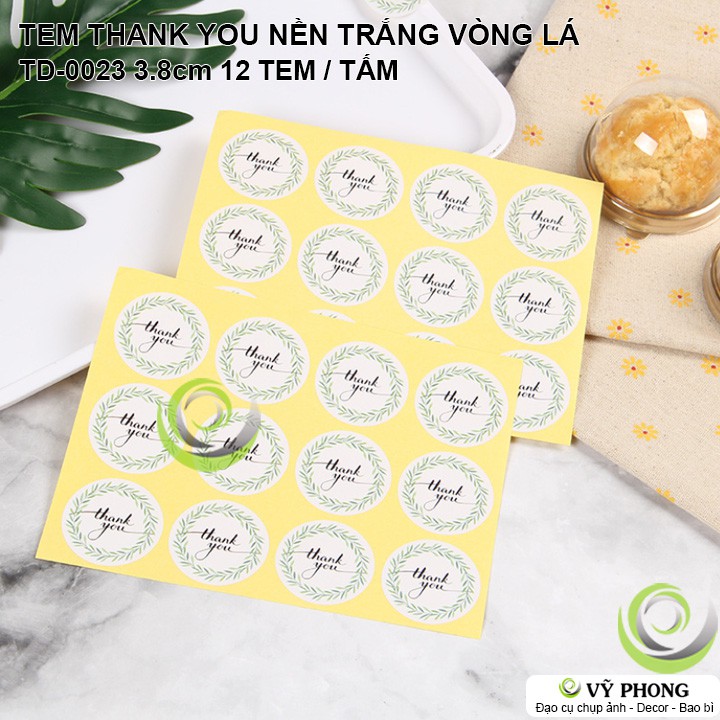 TEM DÁN STICKER THANK YOU NỀN TRẮNG VÒNG LÁ NIÊM PHONG TRANG TRÍ  HỘP BAO BÌ QUÀ TẶNG TD-0023