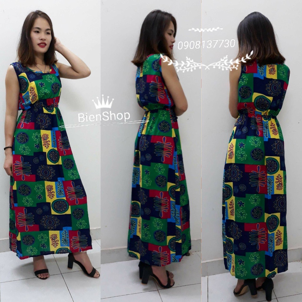 Đầm maxi lanh thái cổ tròn