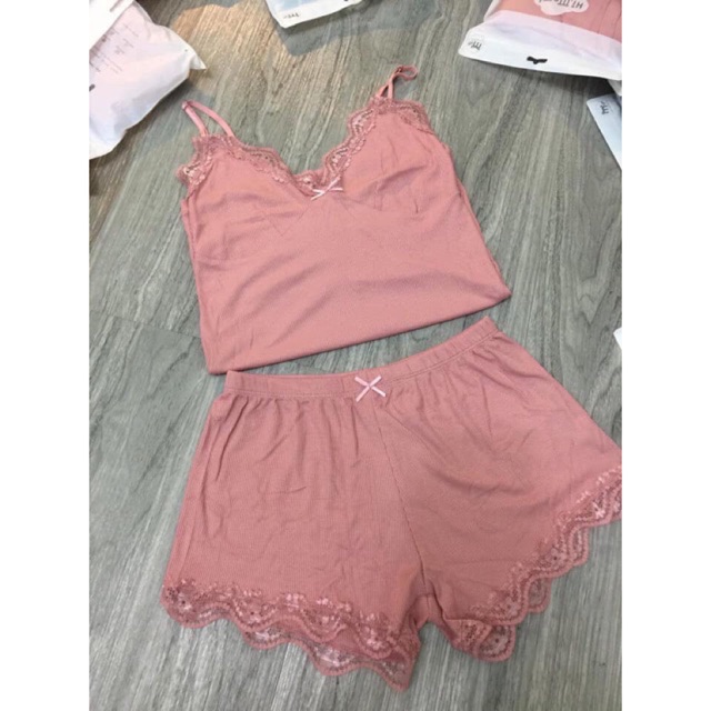 Set bộ ngủ 2 dây quần đùi phối ren vải thun gân -04U | BigBuy360 - bigbuy360.vn