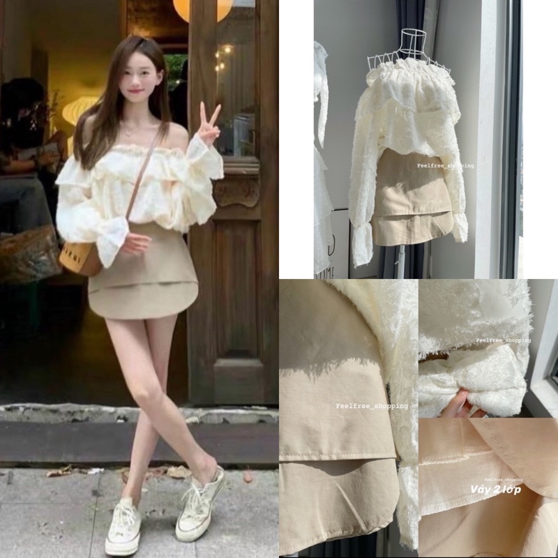 set áo trễ vai+chân váy có quần trong tay dài áo lông mặc đi chơi,đi làm,du lịch, đi tiệc S011