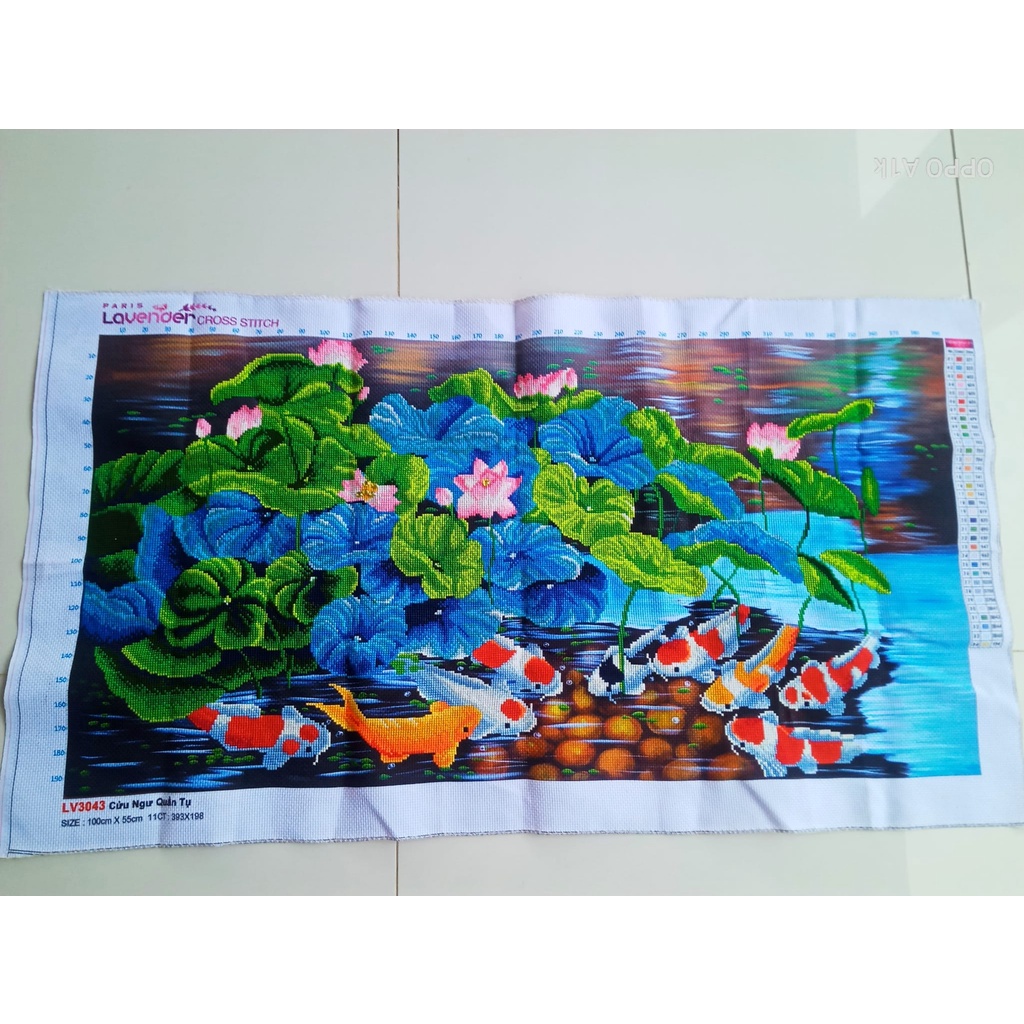 Tranh thêu chữ thập cá cửu ngư quần hội KT:100x55cm, Tranh chưa thêu và chưa khung, Tặng kéo và sỏ chỉ.