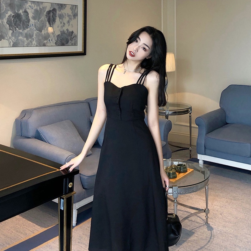 Đầm hai dây IELGY màu đen kiểu Pháp thời trang mùa hè cho nữ