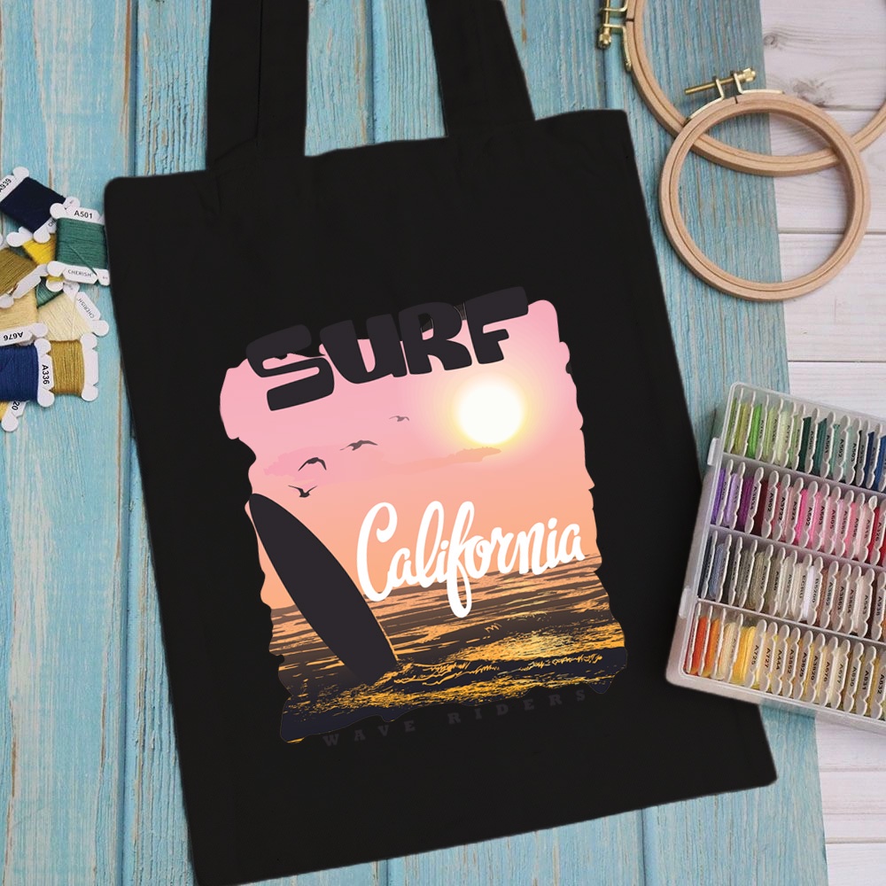 Túi vải, túi Tote (màu đen) LƯỚT SÓNG BÃI BIỂN - Mẫu 1 vải canvas dày đẹp cho nữ có khóa miệng đi học đi chơi.