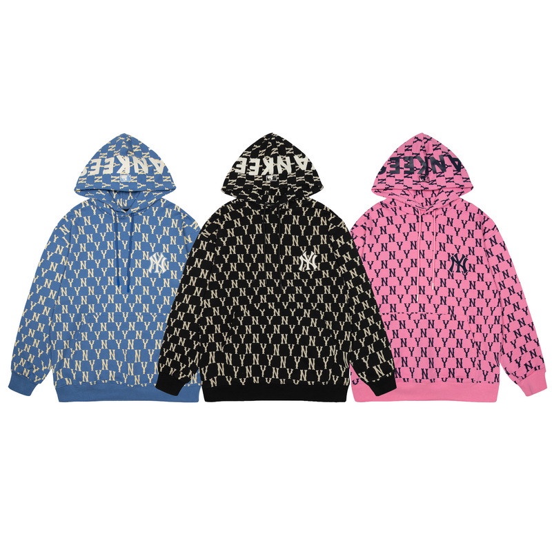 Áo hoodie MLB cotton tay dài dáng rộng phối dây rút in họa tiết phong cách cổ điển cho cặp đôi