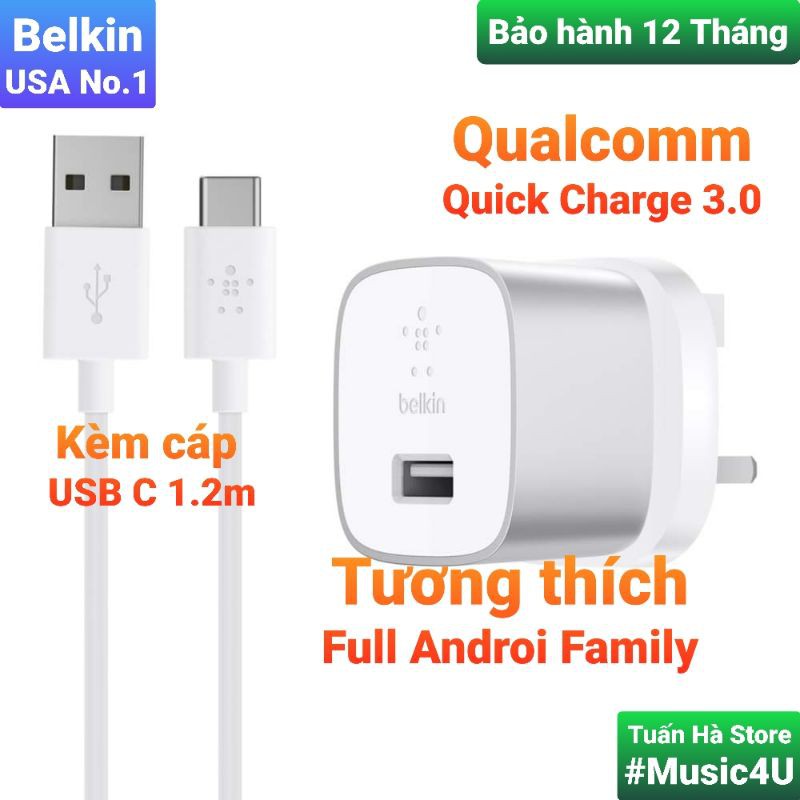 [Mã ELFLASH5 giảm 20K đơn 50K] Củ sạc nhanh Belkin 18W, Quick Charge 3.0, F7U034dq [Music4U]