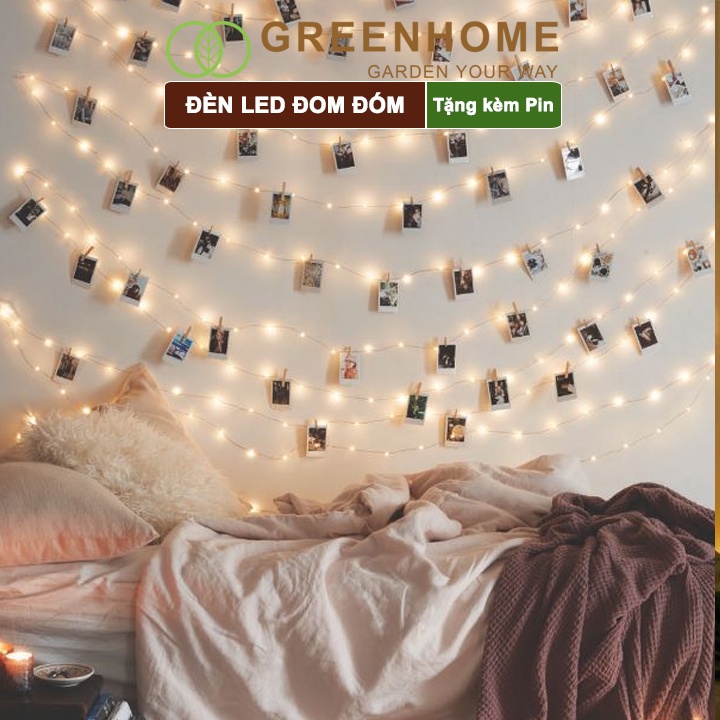 Đèn led đom đóm fairy lights Greenhome, 1 mét, 3 chế độ sáng, tặng kèm pin, chịu nước, trang trí khung tranh, lễ hội