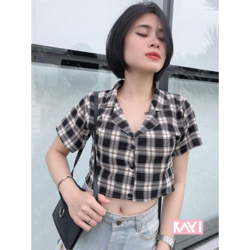 Áo croptop nữ - Áo croptop cổ vest caro - AO052