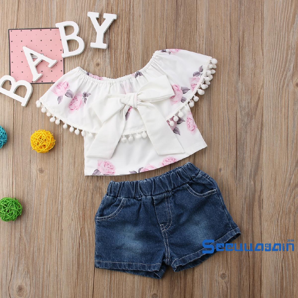 Set Áo Trễ Vai Và Quần Short Denim Xinh Xắn Dành Cho Bé Gái