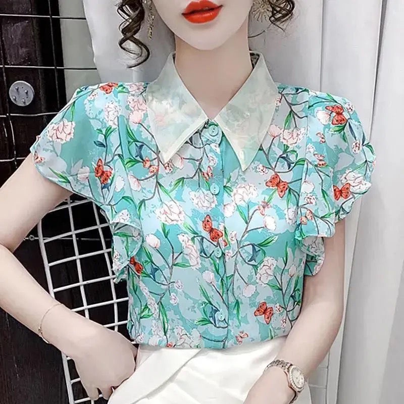 Áo sơ mi voan in hoa thời trang mùa hè mới phong cách Hàn Quốc cho nữ