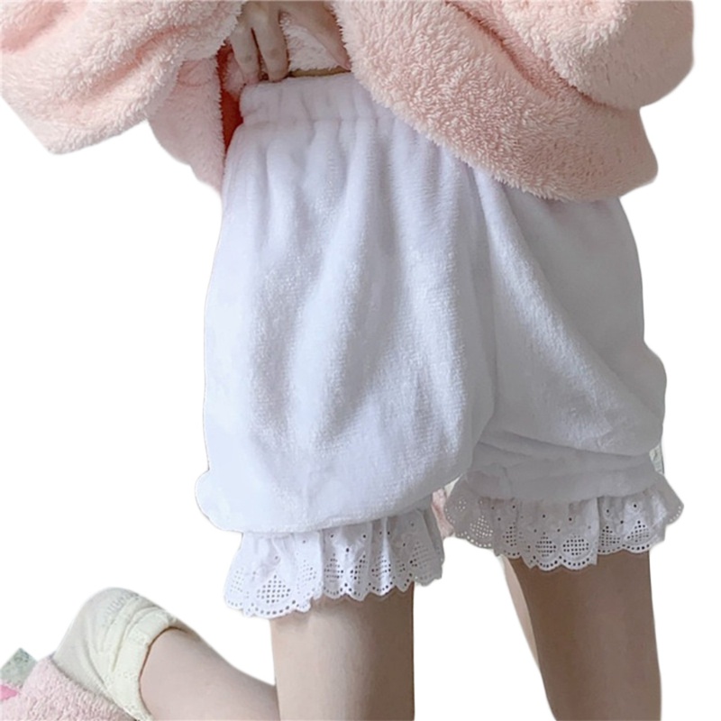 Youyo Quần Short Nhung Lông Xù Phối Ren Màu Trơn Giữ Nhiệt An Toàn Vào Mùa Đông Cho Nữ
