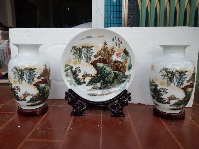 Bộ Ba Bình Gốm Sứ Trang Trí Gồm 2 bình và 1 ĐĨA Kích Thước Cao 32cm