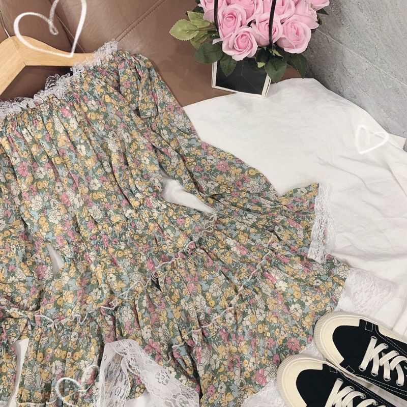 Đầm hoa bẹt vai viền ren