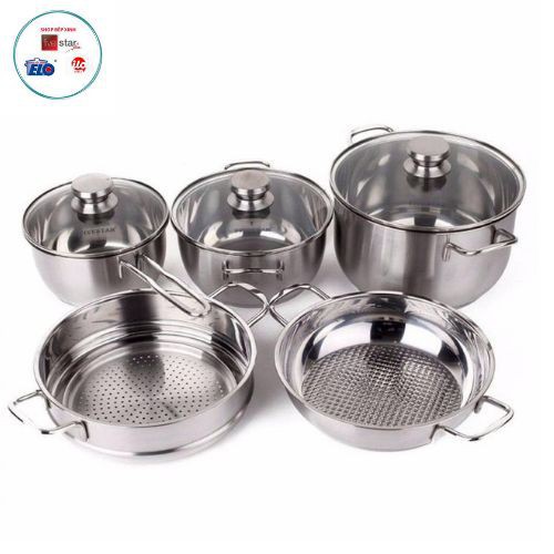 Bộ Nồi 3 Đáy Inox 430 Fivestar Standard nắp kính/ nắp inox (1 Quánh 18cm, 2 Nồi 20cm-24cm, 1 Chảo 24cm và 1 Xửng 24cm)