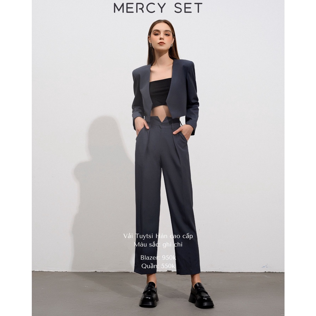 Set Suit ONMIX (Croptop Blazer + Quần Ống Suông) - Mercy Set - Vải Tuytsi Hàn, Màu Ghi Chì