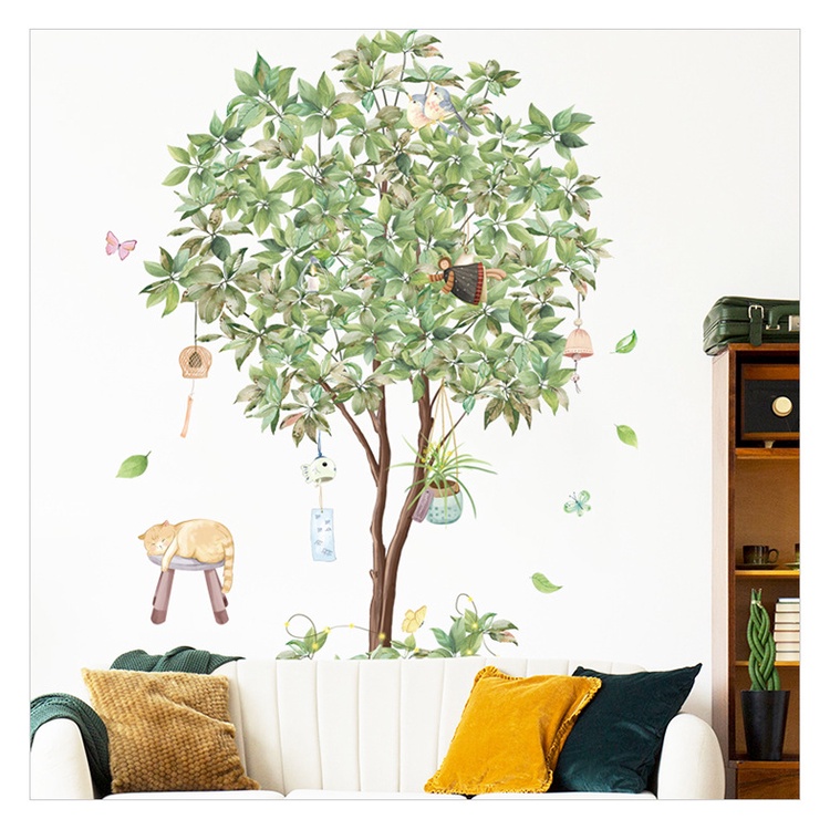 Decal dán tường chú mèo nằm dưới gốc cây