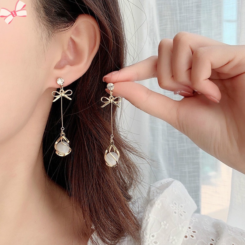 Đôi Bông Tai Hình Nơ Đính Đá Opal