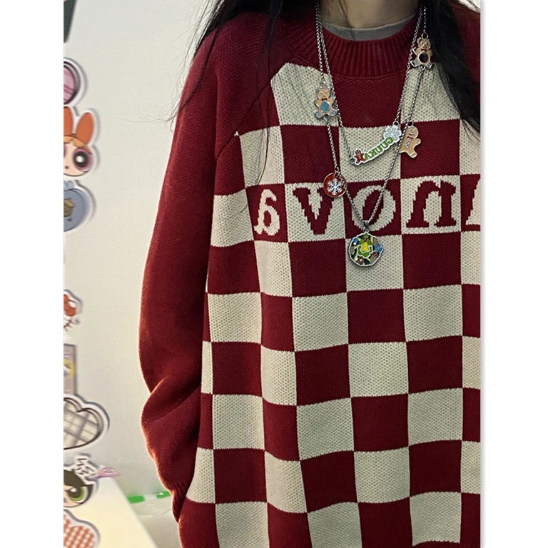 Áo Sweater Dệt Kim Chui Đầu Dáng Rộng In Chữ Cờ Vua Thời Trang Cho Học Sinh Nữ