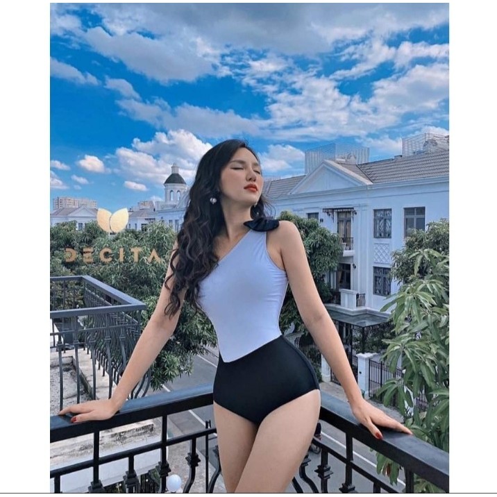 Bikini đồ bơi đi biển một mảnh liền thân lệch vai phối nơ trắng đen đi biển đi bơi đẹp VATIXA BKN66 | BigBuy360 - bigbuy360.vn