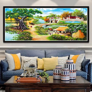 Tranh đính đá Phong Cảnh Làng Quê Khổ Lớn Tranh Lavender đá ABC cao cấp (160x75cm - 200x85cm)