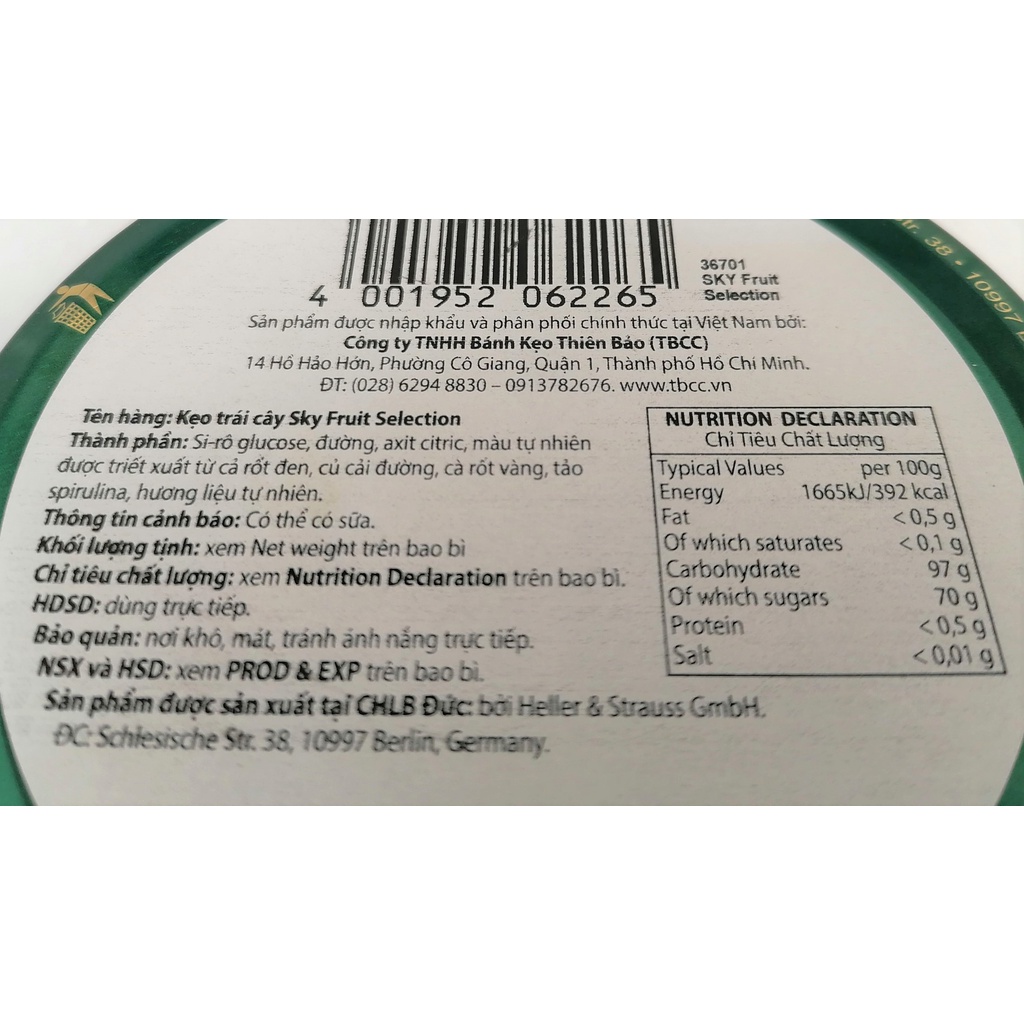 [Hộp 200g - SELECTION] KẸO CỨNG VỊ TRÁI CÂY [Germany] HELLER &amp; STRAUSS Sky Fruit Selection Candy