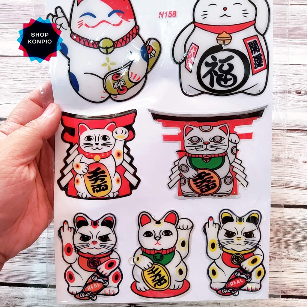 Bộ Tem Sticker Mèo Thần Tài Dập Nổi Cao Cấp Dán Xe Máy, Ô Tô, Mũ Bảo Hiểm, Chống Thấm Nước, Chống Bay Màu