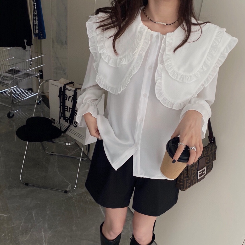 Áo Sơ Mi Trắng Kiểu nữ Công Sở CHIPY Dài Tay Bồng Bo Chun From Rộng Cổ Bèo Tầng Tiểu Thư Hàn Quốc UIzzang Vintage | BigBuy360 - bigbuy360.vn