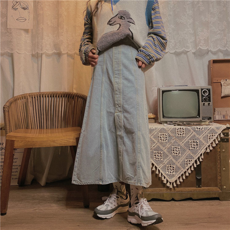 IMAODOU Long Jean Skirt Retro Style Autumn Winter 2023loose High Waist A-Line Skirt