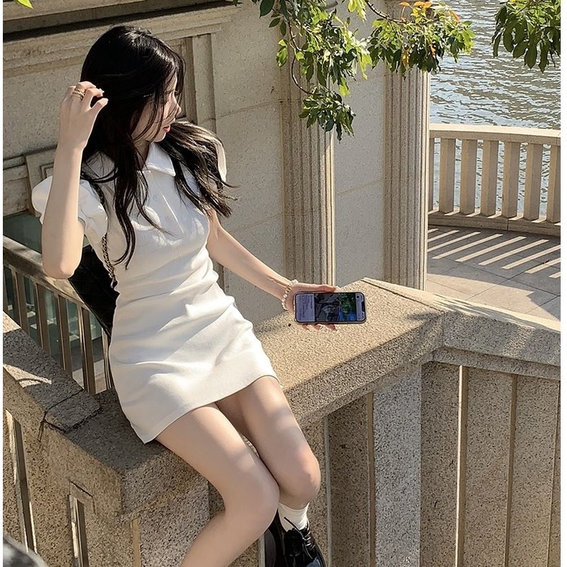 AMOI Đầm Sơ Mi Tay Ngắn Phồng Cổ Polo Ôm Eo Thời Trang 2022 Cho Nữ