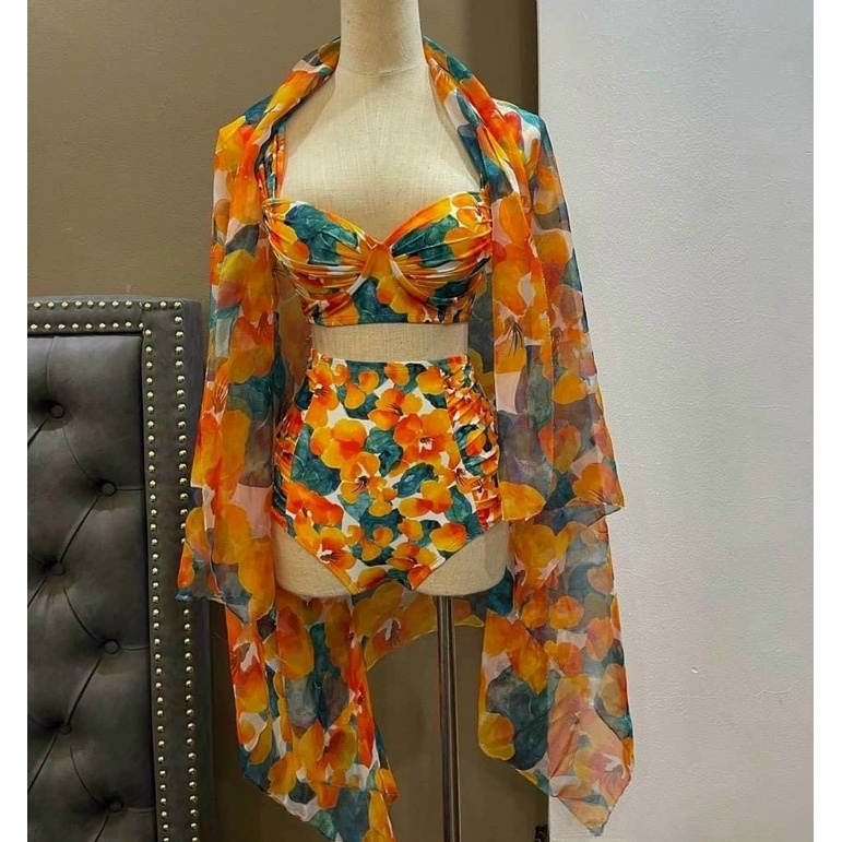 BIKINI 2 MẢNH KÈM KHĂN HỌA TIẾT HOA CAM HOT