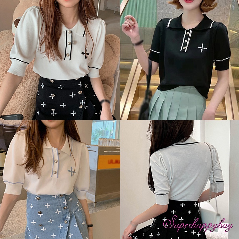 Áo Thun Tay Ngắn Phồng Cổ Bẻ Thêu Họa Tiết Phong Cách Retro Dành Cho Nữ