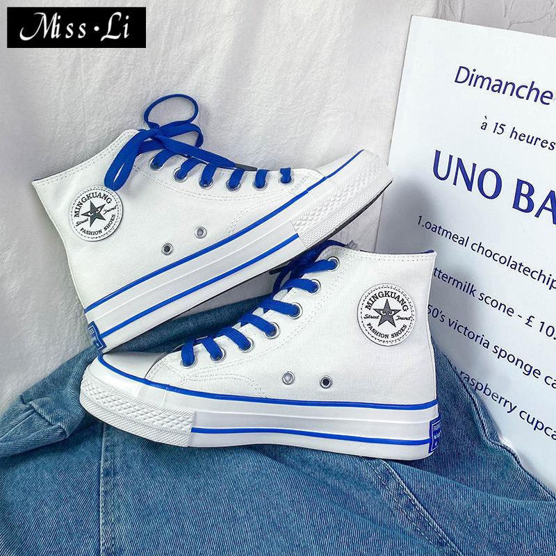 Giày Vải Canvas Màu Trắng Xanh Dương Phong Cách Thời Trang Retro Cho Nữ~2022