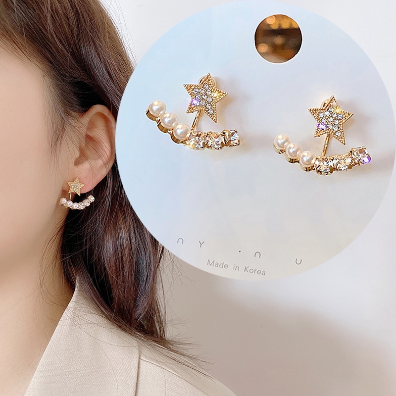 Bông Tai Mạ Bạc 925 Hình Ngôi Sao Năm Cánh Đính Đá Ngọc Trai Phong Cách Hàn Quốc