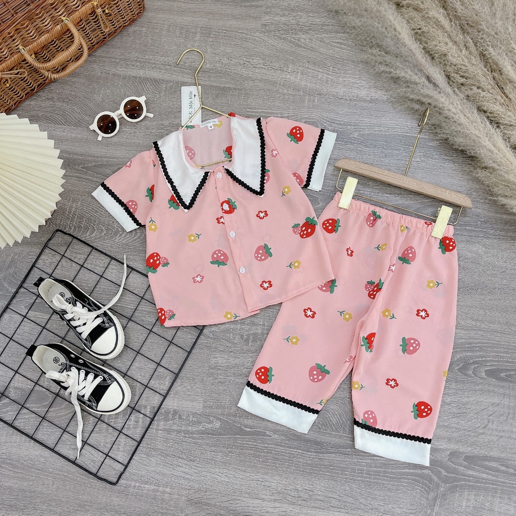 Bộ pijama lửng lụa mềm mát cho bé gái - Bộ đồ ngủ hai màu xanh hồng cho bé từ 10 đến 29 kg