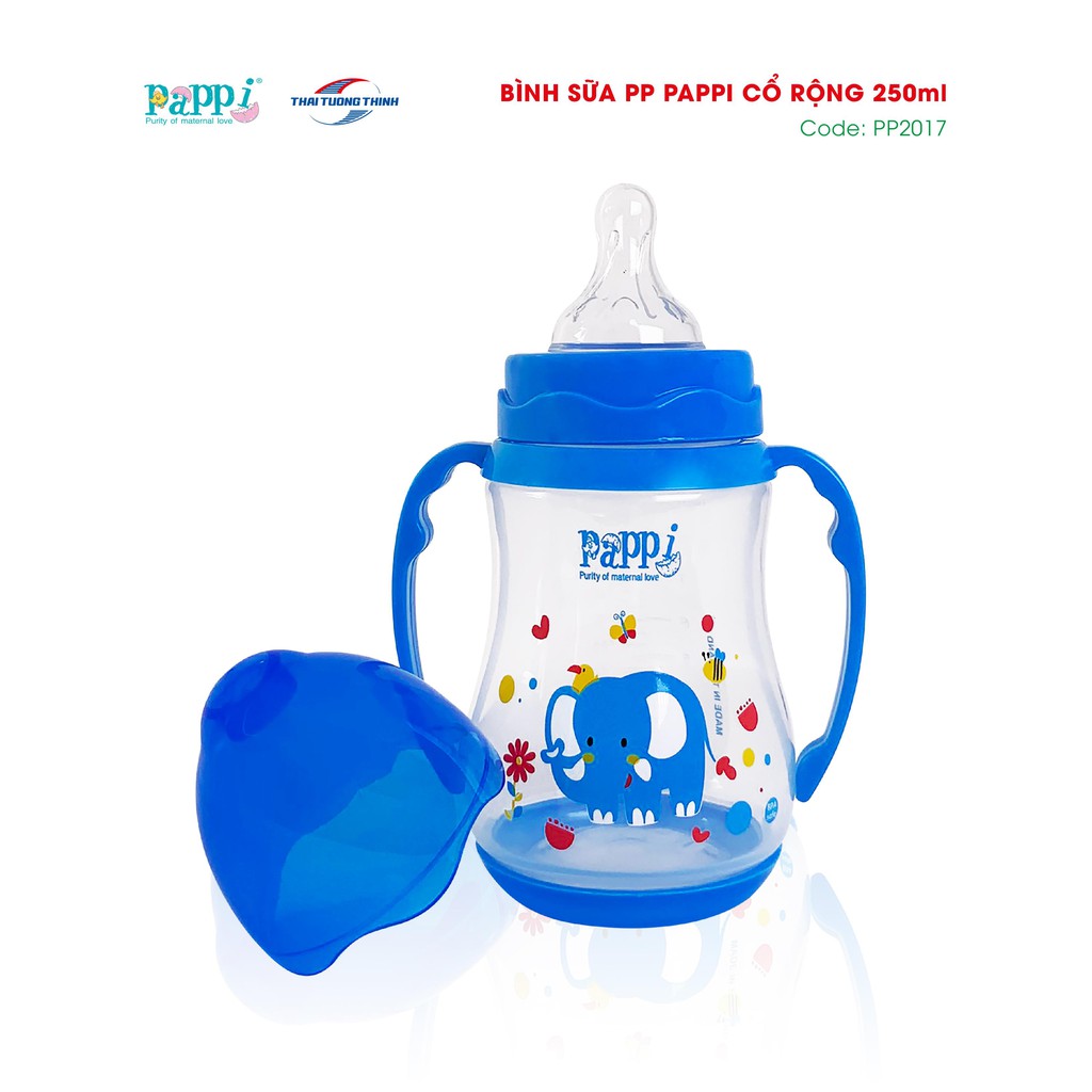 Bình Sữa cổ rộng tay cầm nhựa PP Pappi 250ml Thailand BPA FREE